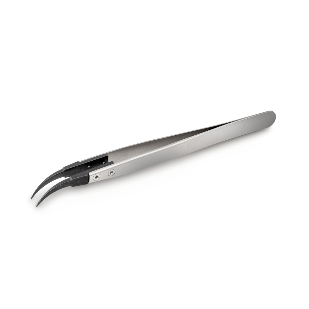 Pinzette, Edelstahl, gebogen, hochwertige Carbon-Spitzen, 130 mm lang Pinzette, Edelstahl, gebogen, hochwertige Carbon-Spitzen, 130 mm lang